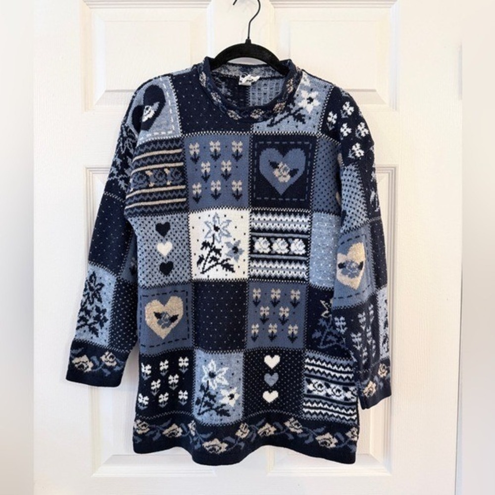 Adele Knitwear Vintage Blue Floral Patchwork Knit Sweater - Women's M